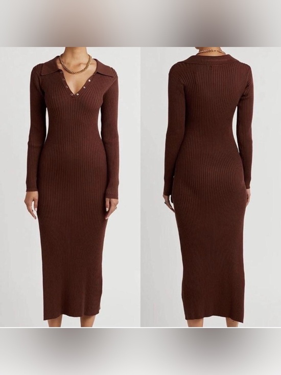 DISSH Dresses & Skirts - Dissh - Ribbed Long-Sleeve Midi Dress in Brown